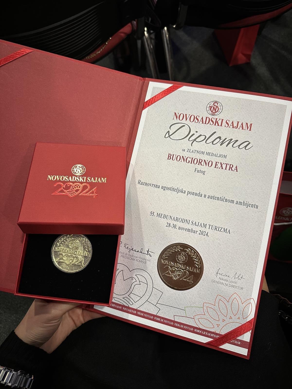 Diploma sa zlatnom medaljom - Novosadski sajam 2024 - Buongiorno Futog